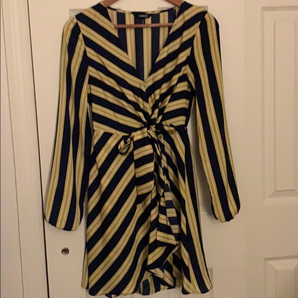 Express Long Sleeve Yellow&Navy Stripe Dress